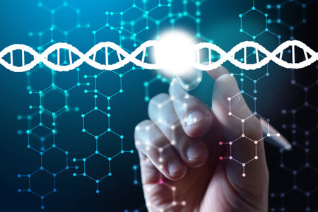 The person holds the pen to the drawn DNA helix. The scientist replaces part of the DNA molecule....
