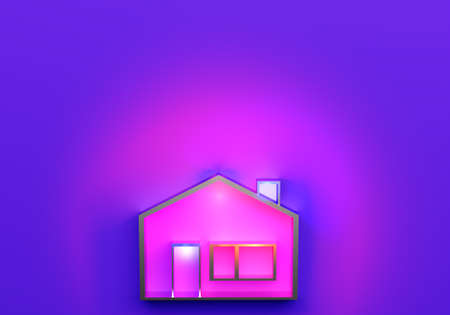 Schematic house layout is illuminated with pink light. Real estate concept in neon color. Abstract house is located at the bottom of the picture. 3d building in the center next to the place for text.の写真素材