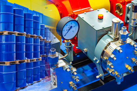 Pipeline. Oil refinery. Fragment of the pipeline on the pipeline. Concept - equipment for oil storage. Transportation of oil through pipes. The gauge shows the pressure in the pipes. Naphthaの写真素材