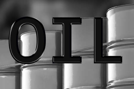 Oil. Oil on the background of barrels. Barrels of gasoline are nearby. Concept- oil refining products. Out of color. Concept - Reducing the level of gasoline consumption. Black and white colorの写真素材