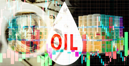 Oil next to the barrels. Black gold. The concept is a drop in the value of crude oil. Sale of...