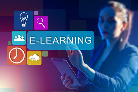 Teacher next to E-learning logo. She teaches people over the internet. Businesswoman with tablet...