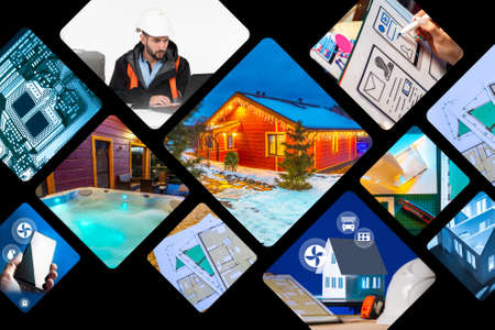 Background on theme of modern construction. Background is composed of various construction elements. Smart home system as a symbol of modern technologies. Smart home icons next to cottages.の写真素材