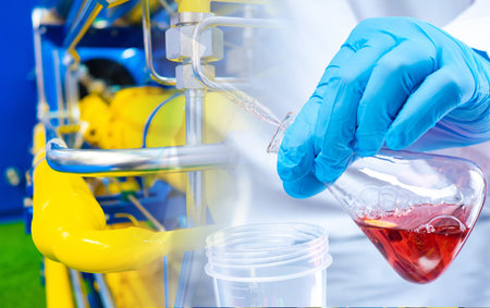 Chemical industry. Reagent tubes near pipelines. Laboratory assistant at a chemical plant. Concept -...