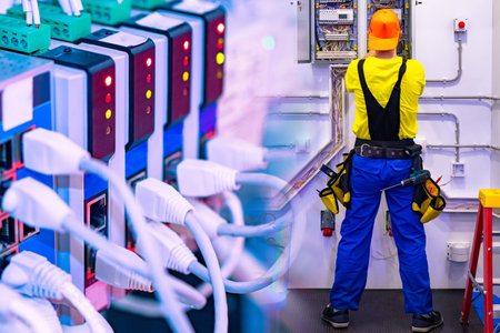 Electricity of the net. A man works with electric networks. The concept is the work of an...