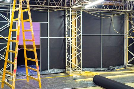Construction. Preparation of temporary premises. Construction ladder. The room is made of stage...