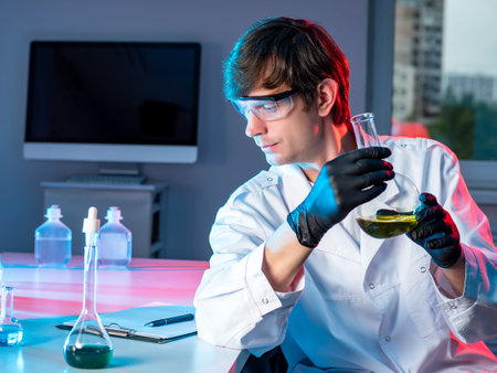 Laboratory employee with test tubes. Workplace laboratory assistant. He holds a test tube in his...