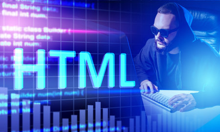 Inscription HTML next to man. Guy in hood next to computer. Concept - he writes HTML code. Snippets...