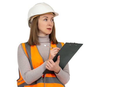 Girl in a white helmet and a reflective vest. Woman is holding a paper tablet and a pen. A girl in a reflective vest writes down information. A woman in a hard hat is isolated on a white background.の写真素材