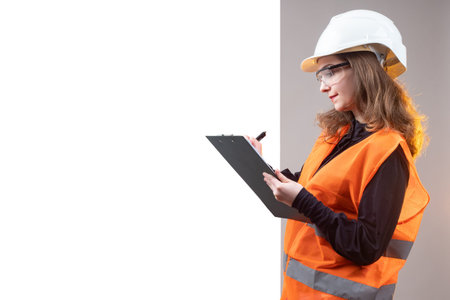 Woman builder is writing something down. Girl builder with a clipboard in hands. Concept is a place...