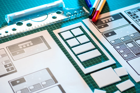 Application planning by a web designer. Web application layout is composed of white blocks. Concept...