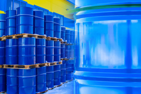 Oil. Blue barrel close up. Barrels made of metal for the storage of petroleum products. Oil is...