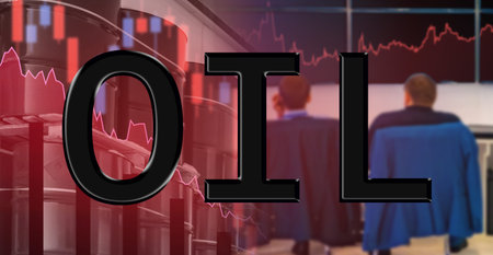 The inscription Oil on the background of traders. Concept - traders are watching prices. Monitoring...
