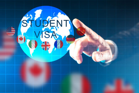 Study on a student visa. Crossing border with a student visa. Concept of choosing a university abroad. Admission to a university in another country. Student visa lettering and hand on virtual screenの写真素材