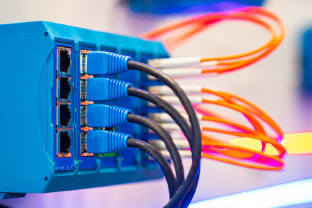 Telecommunication equipment close up. Blue telecommunication hub close up. Fiber optic wires are...