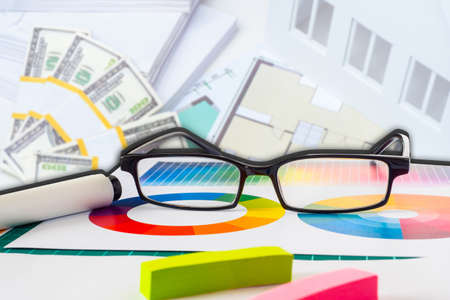 Design project of the house. Payment for the architect services. Cottage improvement plan. Architectural and construction bureau. Expenses for home repairs. Estimate for the improvement of the cottageの写真素材