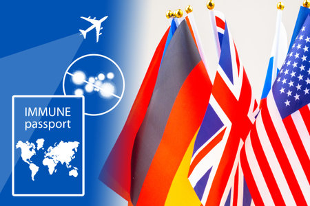 Immune passport next to flags of different countries. Immune passport as confirmation of resistance...