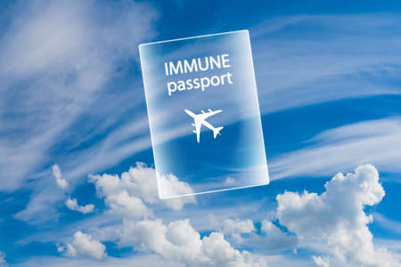Immune passport for tourist flights. Passport for vaccination against coronavirus covid-19. Immune passport required for free flights between countries. Anti-covid-19 antibody certificate.の写真素材