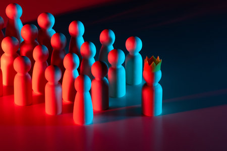 Leader leads people along. Leadership management concept. Man in crown leads team. Team leadership in business. Illustration on topic of human resource management. Leader leads employees of companyの写真素材