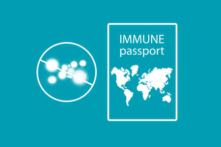 Immune passport issued to person vaccinated against coronavirus. Pictured is crossed out covid-19 malecula next to immunity passport. Document for a person with a coronavirus. Antibodies to covid-19の写真素材