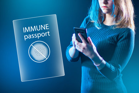 Immune passport next to a woman.