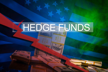 Problems of hedge funds in USA. Hedge funds logo on a USA flag background. Collapse hedge funds due...