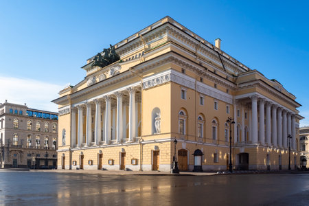 Theater in Saint Petersburg. Russia town. Theater building in center of Saint Petersburg. Sights of Petersburg. Architecture of Russian cities. Exterior of Russian buildings. Russia in sunny weatherのeditorial素材