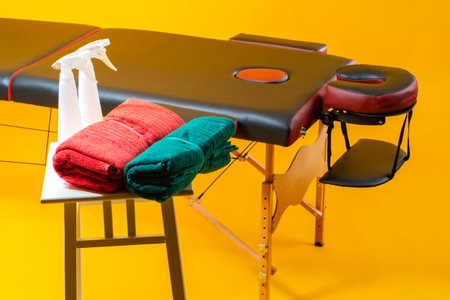 Fragment of a massage table on a yellow background. Masseur's table with a place for face. Work...