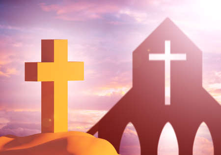 Sacred cross on a background sky. Religious symbols on walls of church. Three-dimensional cross near clouds. Concept is visiting churches. Catholic 3d symbol on wall of a building. christian crossesの写真素材