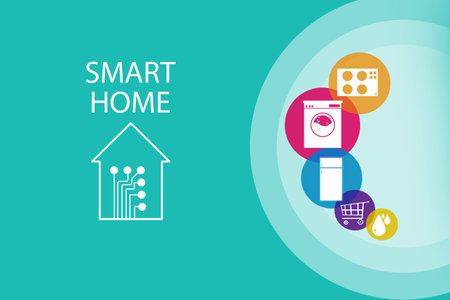 Smart home devices. Smart home logo on turquoise background. Concept smart home ecosystem. Ecosystem for managing household appliances. Intelligent household appliances. Internet of things technologyの写真素材