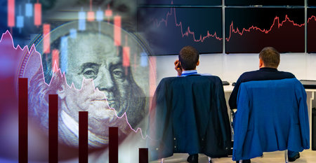 Stock market. Concept - work as a trader in the stock market. Brokers monitor the behavior of the...