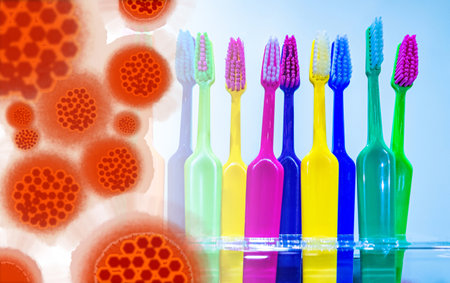 Virus symbol next to toothbrushes. The concept is infection by using someone else's toothbrush. The concept is the danger of common toothbrushes. Infectious Disease Spread Through Teeth Brushingの写真素材