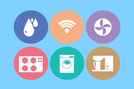 Smart home icons on a turquoise background. Home appliances symbols next to wifi logo. Smart home icons as a symbol of IOT automation. Synchronization of household appliances with smart homeの写真素材