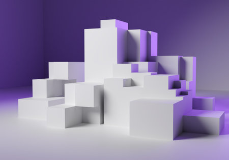 Lots of white boxes are in a heap. Cubes of different sizes are stacked on top of each other....