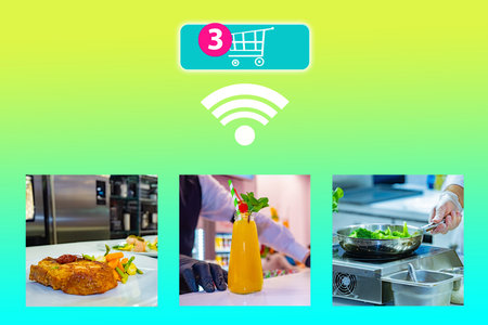 Online shopping in a restaurant. Ordering restaurant meals via Internet. Buying food with home...