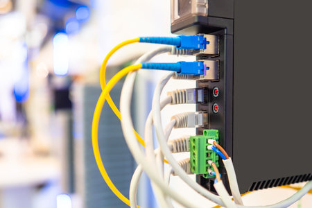 Network equipment close-up. Fiber optic networking equipment. Internet equipment. Internet...