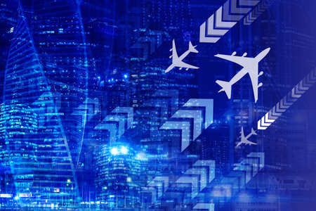 Blue background on theme of air travel. Night city in neon light. Concept - background on theme of business travel. Wallpaper symbolizes business flights. Business travel pattern. Avia wallpaperの写真素材