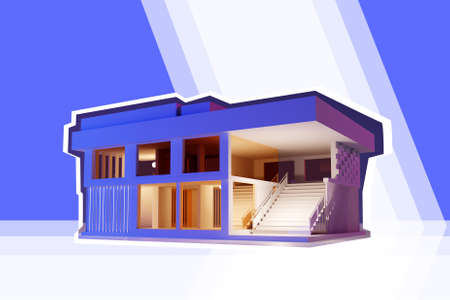 Modern business center. Layout of an office building. Collage in the magazine style. Business real estate. Office rentals. Sale of offices. A white-and-purple image of a building with space for text.の写真素材