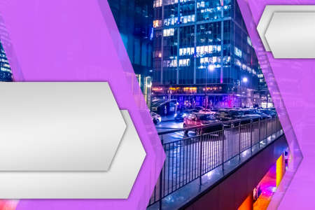 Urban business life. Ongoing life of the city. A collage in the magazine style. Evening city. Life in a big city. Business center with lighted windows. Lilac color. Space for the text.の写真素材