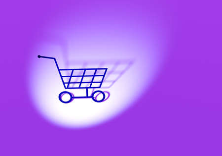 Illustration with a supermarket trolley. Buyer's trolley on a lilac background. Supermarket trolley as a symbol of shopping. Shopper basket is illuminated by light. 3d illustration of a drop shadow.の写真素材