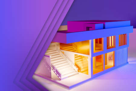 The layout of a two-story house on a lilac background. A collage in the magazine style. A mock-up of a cottage with lights in the windows. An abstract building next to a place for text.の写真素材