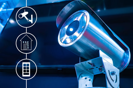 Video surveillance inside and outside the building. Ensuring security in the house. A video camera in a metal case. Surveillance to ensure security in the cottage. Access control to the building.の写真素材