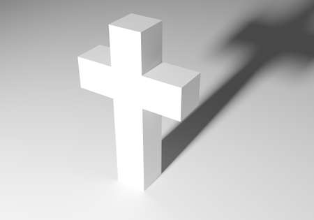 Catholic minimalist cross. Religious symbol of Christianity. Cross as a symbol of religious honor of Christians. White 3D cross casts a shadow. He stands against a light background. 3d illustration.の写真素材
