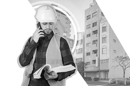 Black and white collage on the theme of construction and urban improvement. Man in a construction helmet near the residential buildings. Builder discusses the details of the project by phoneの写真素材