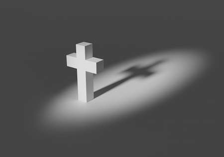 Catholic cross on a gray background. Christian religion. Christian cross casts a shadow. Catholic cross casts a shadow. Three-dimensional catholic symbol. 3d symbol of christianity.の写真素材