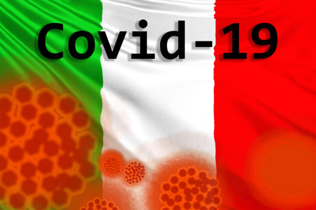 Covid 2019 next to the virus pattern. Coronavirus logo on the background of the flag of Italy. Cases of coronavirus infection. The death of the Italians from Covid 2019. Fever in the cities of Italyの写真素材