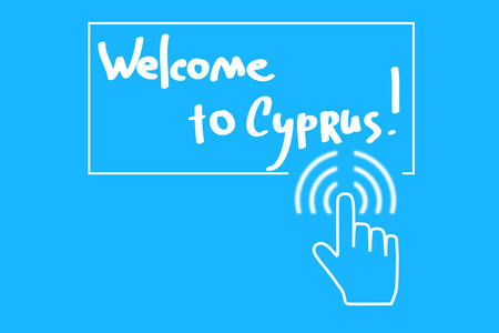Welcome to Cyprus logo on blue background. Hand icon next to inscription. Banner for advertising...