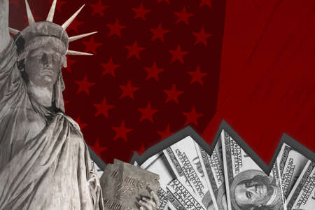 US financial freedom concept. Statue of Liberty next to the flag of America. Place for inscription on topic of economic security. Financial Freedom Rating. Stopping financial growth of Americansの写真素材