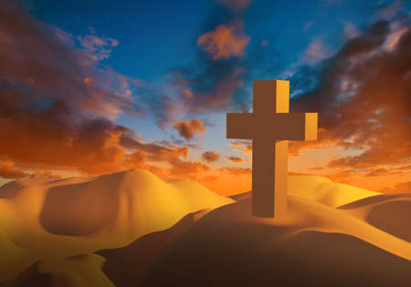 Christian cross in sandy hills. Three-dimensional cross on evening sky background. Illustration with a cross on sand dunes. Religious Attractions. Catholic symbols 3d. Place for Christians to prayの写真素材