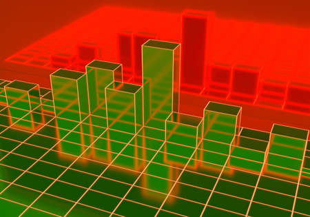 Virtual town. Digital green grid with 3D buildings. Virtual model of city with downtown. Skyscrapers in digital city. Concept of modern cities. Downtown modern city. 3d rendering of abstract town.の写真素材